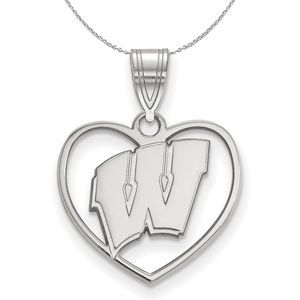 Sterling Silver U. of Wisconsin Initial W Heart Necklace - 20 Inch